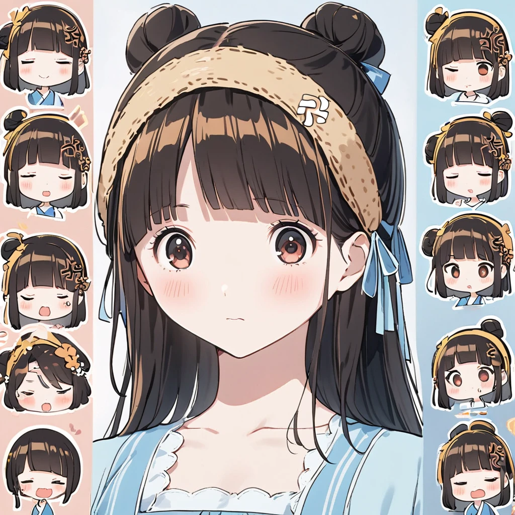 1 个cute的女孩，4 grids，4 emoji packs，4.Posture and expressions，sad，surprise，laughing out loud，anger，Suspect，Acting cute，cute，sleep，naughty，despise，Hanfu、Hair Bun、Hair accessories，Black stroke，Different emotions，8K