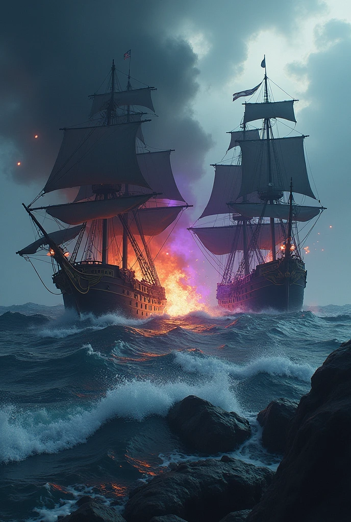 Conceptual Installation Dark Fantasy Art, two pirate ships collide, destruction, pirate, pirate flag, cannon, shells, fire, angry sea, bad weather, ominous black and purple flashes, War, (very detailed, absolute resolution, best quality:1.3), 2.5D, delicate and dynamic, artistic photo, surreal, Graphic CG Digital Art, Black Pearl, Kraken