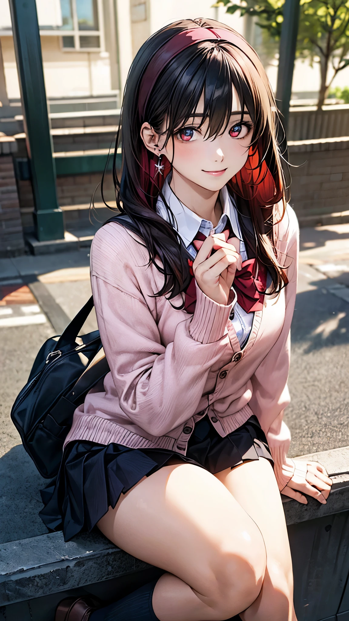 (masterpiece:1.2, highest quality), (realistic photo:1.4), beautiful illustrations, (natural side lighting, movie lighting),
looking at the viewer, 1 girl, japanese, high school girl, perfect face, cute symmetrical face, shiny skin, baby face,
(long hair, straight hair, black hair), hair between eyes, maroon eye idol chest, seductive thighs, big ass), earrings, break (dark red hairband, dark red flat bow tie), break
beautiful hair, beautiful face, detailed and beautiful eyes, beautiful clavicle, beautiful body, beautiful breasts, beautiful thighs, beautiful feet, beautiful fingers, slender,
(white collared shirt, long sleeve pink knit cardigan, black pleated mini skirt), break navy school bag, break white socks,
(beautiful scenery), evening, (school yard:1.2), (pigeon toed), (lovely smile, upper eye),