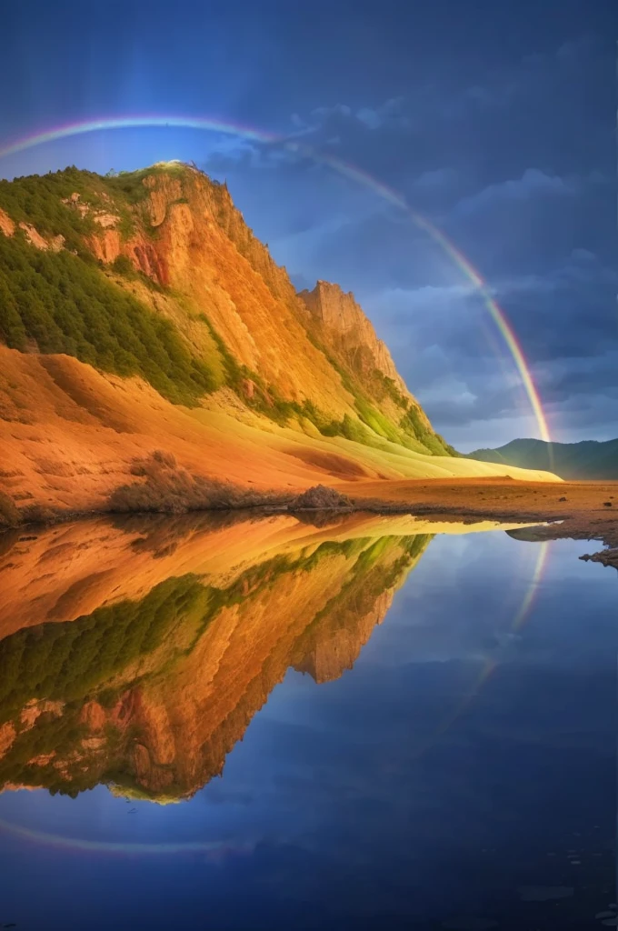 arafed rainbow over a mountain reflecting in a lake, rainbow reflection, rainbow reflections, rainbow gradient reflection, beautiful reflexions, incredible reflection, ethereal rainbows, beautiful reflexions, rainbow in the sky, moonbow, Marvelous sky reflection, ( ( ( rainbow ) ) ), rainbow, Incredibly beautiful, stunning nature in background, Very beautiful photos, intricate rainbow environment