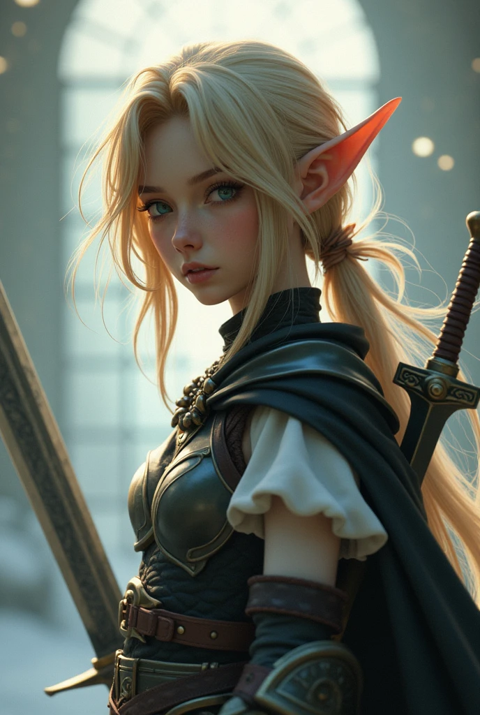 Final Fantasy game theme. Image of a 21 year old elf with tanned hair standing holding her favorite sword., He wore light black and white armor.., pastel colours, and dramatic tones. A masterpiece with the highest resolution. , Surrealist image type
