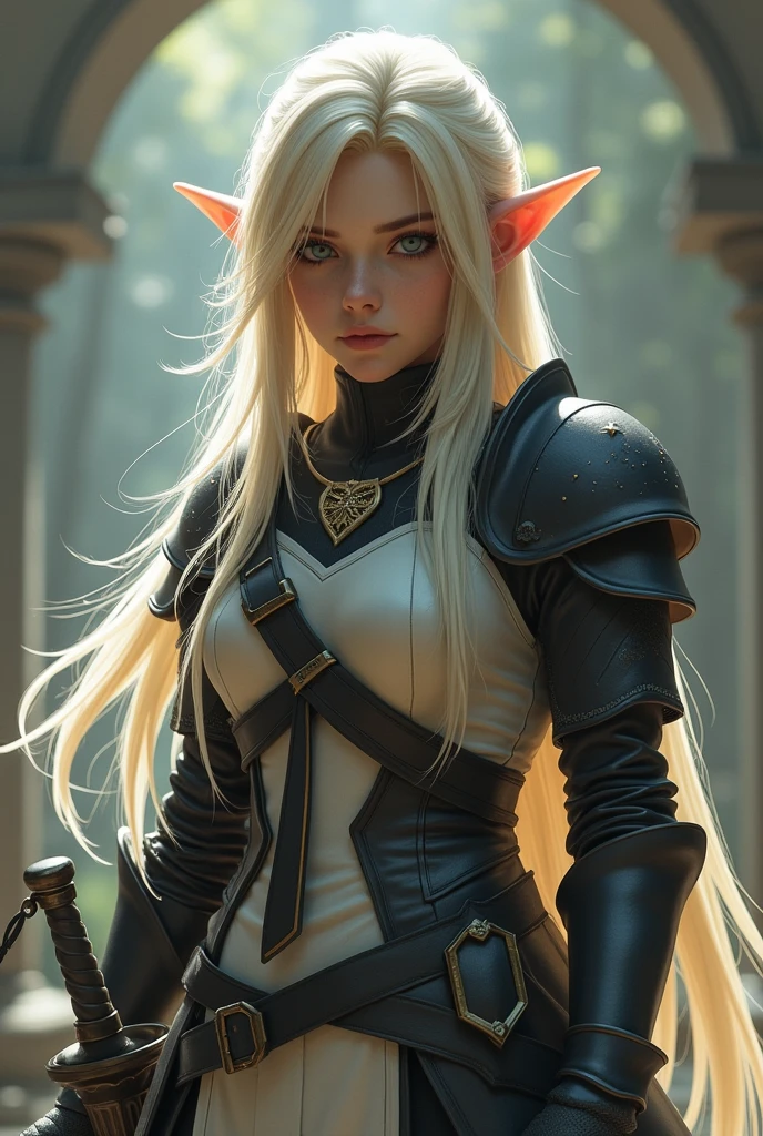 Final Fantasy game theme. Image of a 21 year old elf with tanned hair standing holding her favorite sword., He wore light black and white armor.., pastel colours, and dramatic tones. A masterpiece with the highest resolution. , Surrealist image type