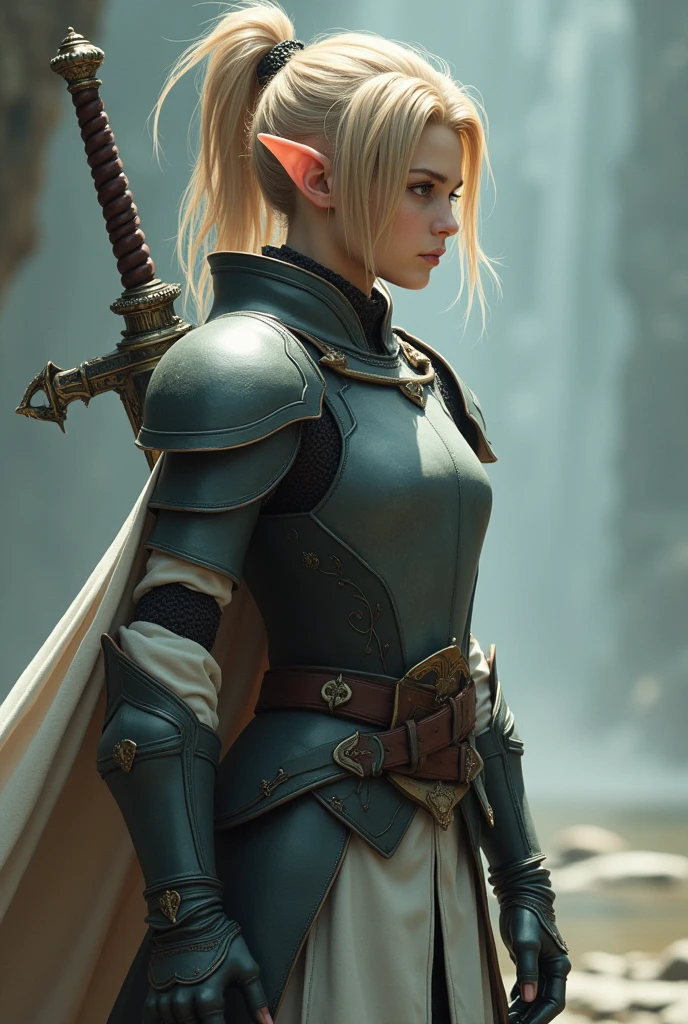 Final Fantasy game theme. Image of a 21 year old elf with tanned hair standing holding her favorite sword., He wore light black and white armor.., pastel colours, and dramatic tones. A masterpiece with the highest resolution. , Surrealist image type