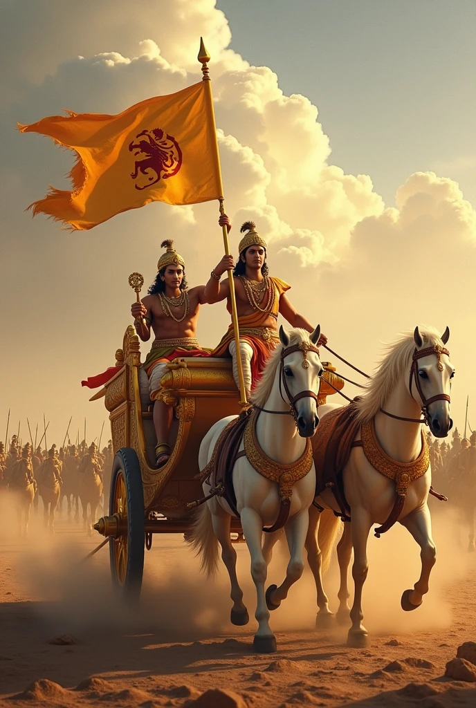 The warrior prince Arjun in golden chariot which has 4 white horses. Lord krishna as his charioteer, and Lord Hanuman as the symbol of the flag of the chariot. And  the chariot is facing a huge army 