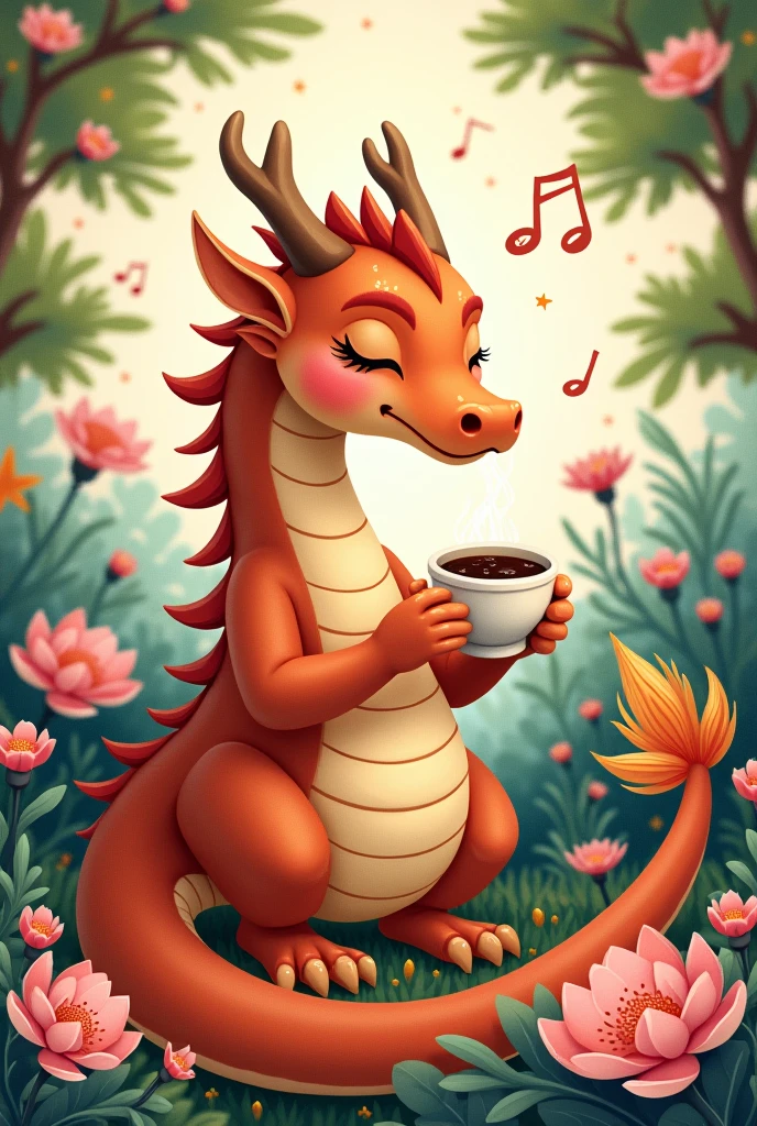 Chinese style brown dragon,Background garden,Trees,dragon holding coffee,Relaxed expression,like a lady,Flowers in the background,Background with musical notes