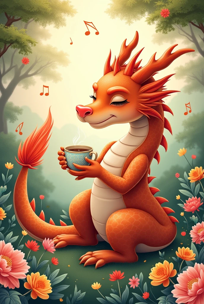 Chinese style brown dragon,Background garden,Trees,dragon holding coffee,Relaxed expression,like a lady,Flowers in the background,Background with musical notes
