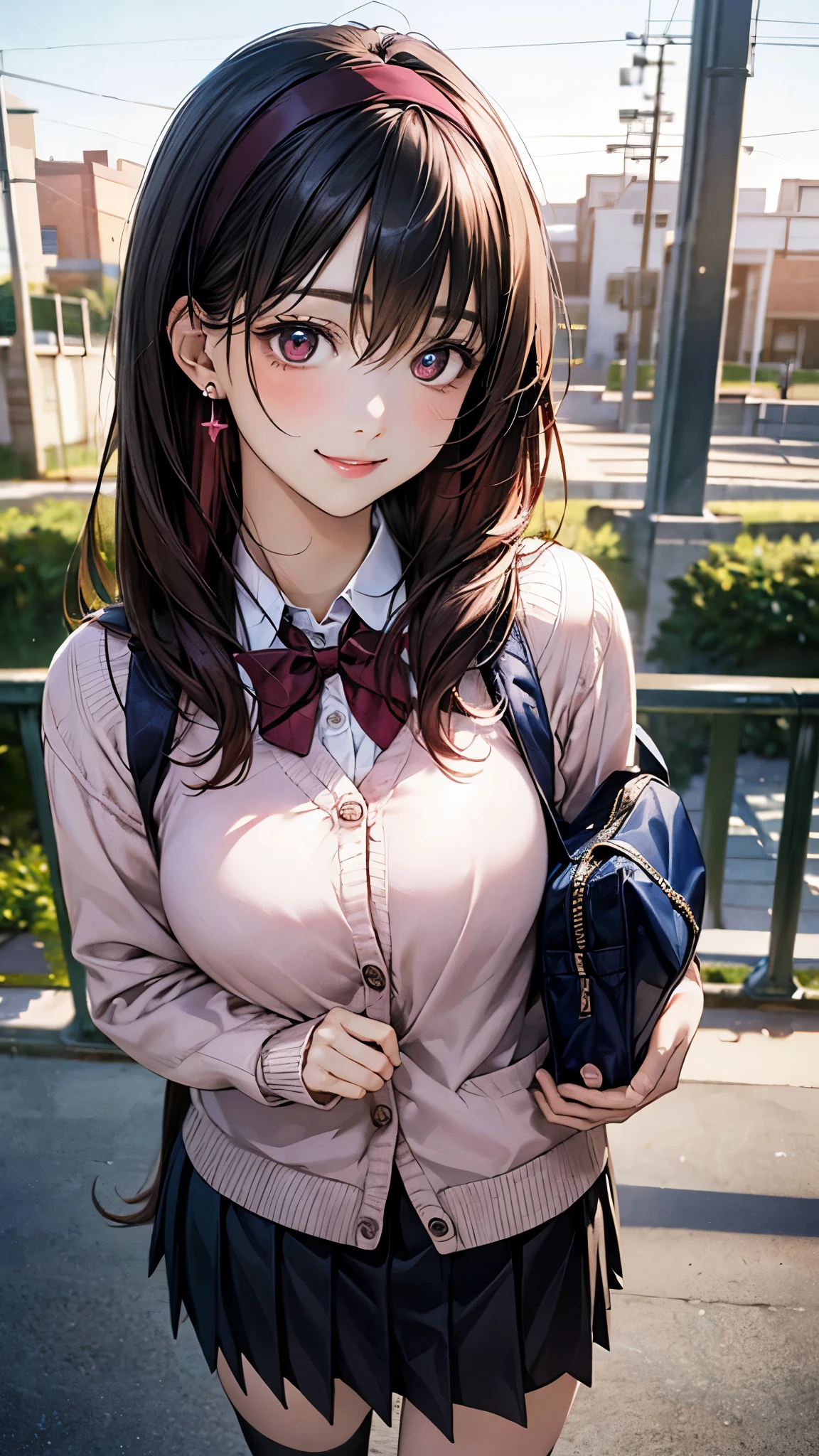 (masterpiece:1.2, highest quality), (realistic photo:1.4), beautiful illustrations, (natural side lighting, movie lighting),
beautiful hair, beautiful face, detailed and beautiful eyes, beautiful clavicle, beautiful body, beautiful breasts, beautiful thighs, beautiful feet, beautiful fingers,
looking at the viewer, 1 girl, megumi tokoro, high school girl, (perfect anatomy, anatomically correct, super detailed skin), cute symmetrical face, baby face, perfect face, perfect eyes,
(long hair, straight hair, light brown hair), bangs, ahoge, dark blue eyes, big eyes, (medium breasts, seductive thighs), perfect body, shiny skin, slender,
(detailed cloth texture, break (long sleeve khaki color knit cardigan, closed cardigan), break light pink collared shirt, break green plaid pleated skirt, break cobalt blue and red stripe tie), break brown thigh-highs, break navy school bag break
(beautiful scenery), evening, (school yard;1.2), walking, break (lovely smile, upper eyes, parted lips),