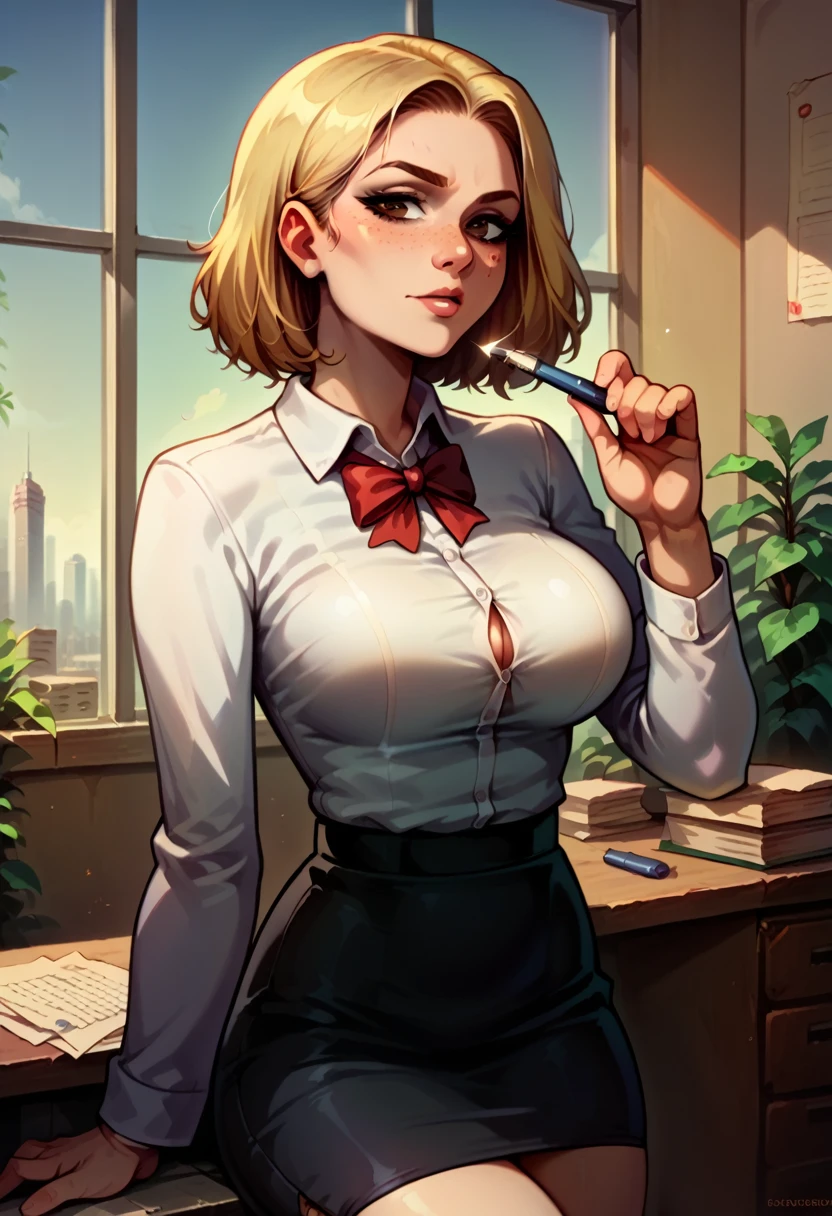 illustration, detailed illustration, ultra detailed, dynamic angle, 1girl, medium blonde hair, stylish hair, big brown eyes, light freckles, sexy, large breasts, business suit, arrogant look, skirt, office, skyline in window
