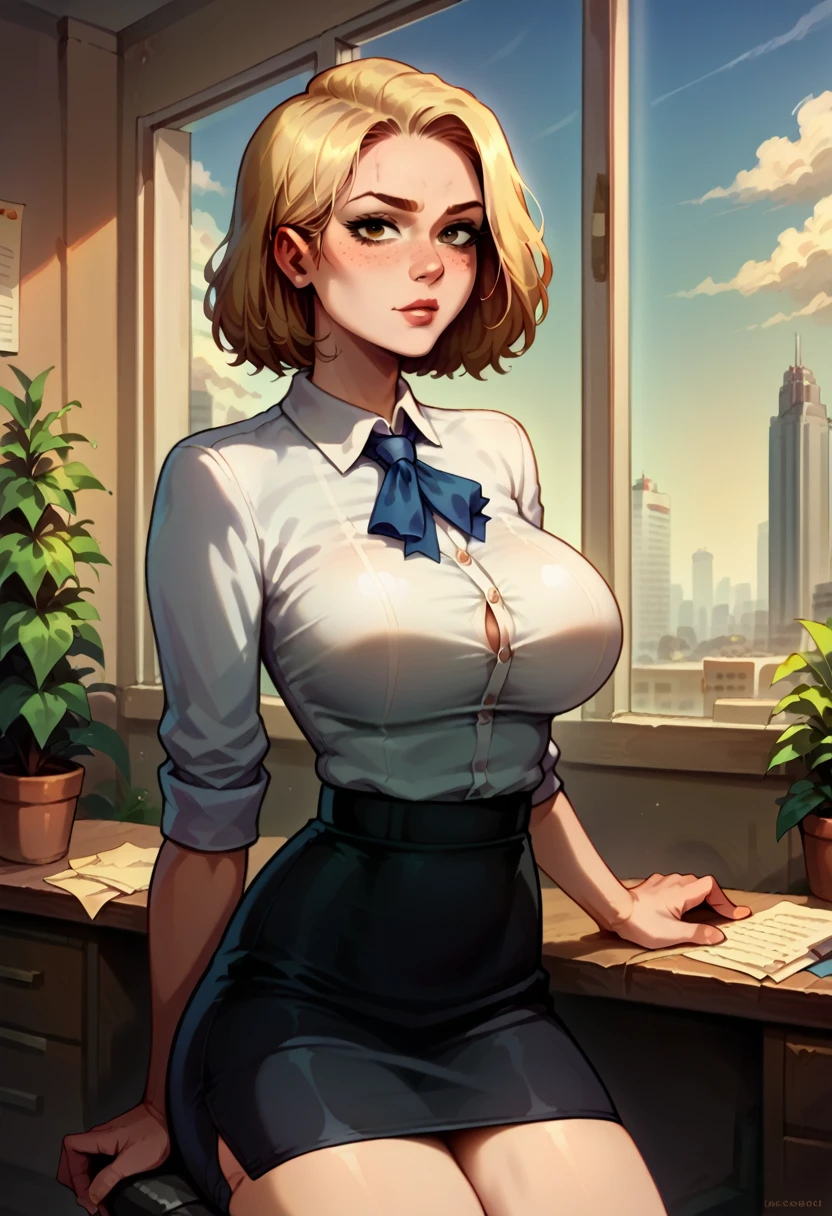 illustration, detailed illustration, ultra detailed, dynamic angle, 1girl, medium blonde hair, stylish hair, big brown eyes, light freckles, sexy, large breasts, business suit, arrogant look, skirt, office, skyline in window
