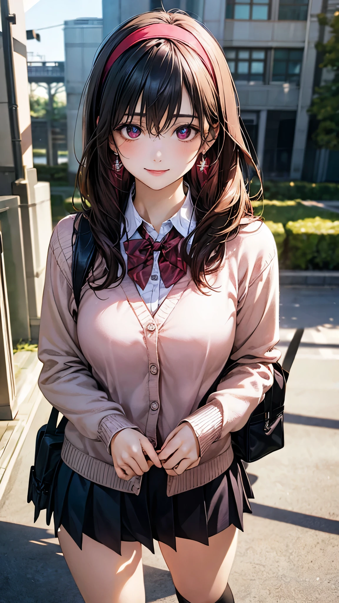 (masterpiece:1.2, highest quality), (realistic photo:1.4), beautiful illustrations, (natural side lighting, movie lighting),
looking at the viewer, 1 girl, japanese, high school girl, perfect face, cute symmetrical face, shiny skin, baby face,
(long hair, straight hair, black hair), hair between eyes, maroon eye idol chest, seductive thighs, big ass), earrings, break (dark red hairband, dark red flat bow tie), break
beautiful hair, beautiful face, detailed and beautiful eyes, beautiful clavicle, beautiful body, beautiful breasts, beautiful thighs, beautiful feet, beautiful fingers, slender,
(white collared shirt, long sleeve pink knit cardigan, black pleated mini skirt), break navy school bag, break white socks,
(beautiful scenery), evening, (school yard:1.2), (pigeon toed), (lovely smile, upper eye),