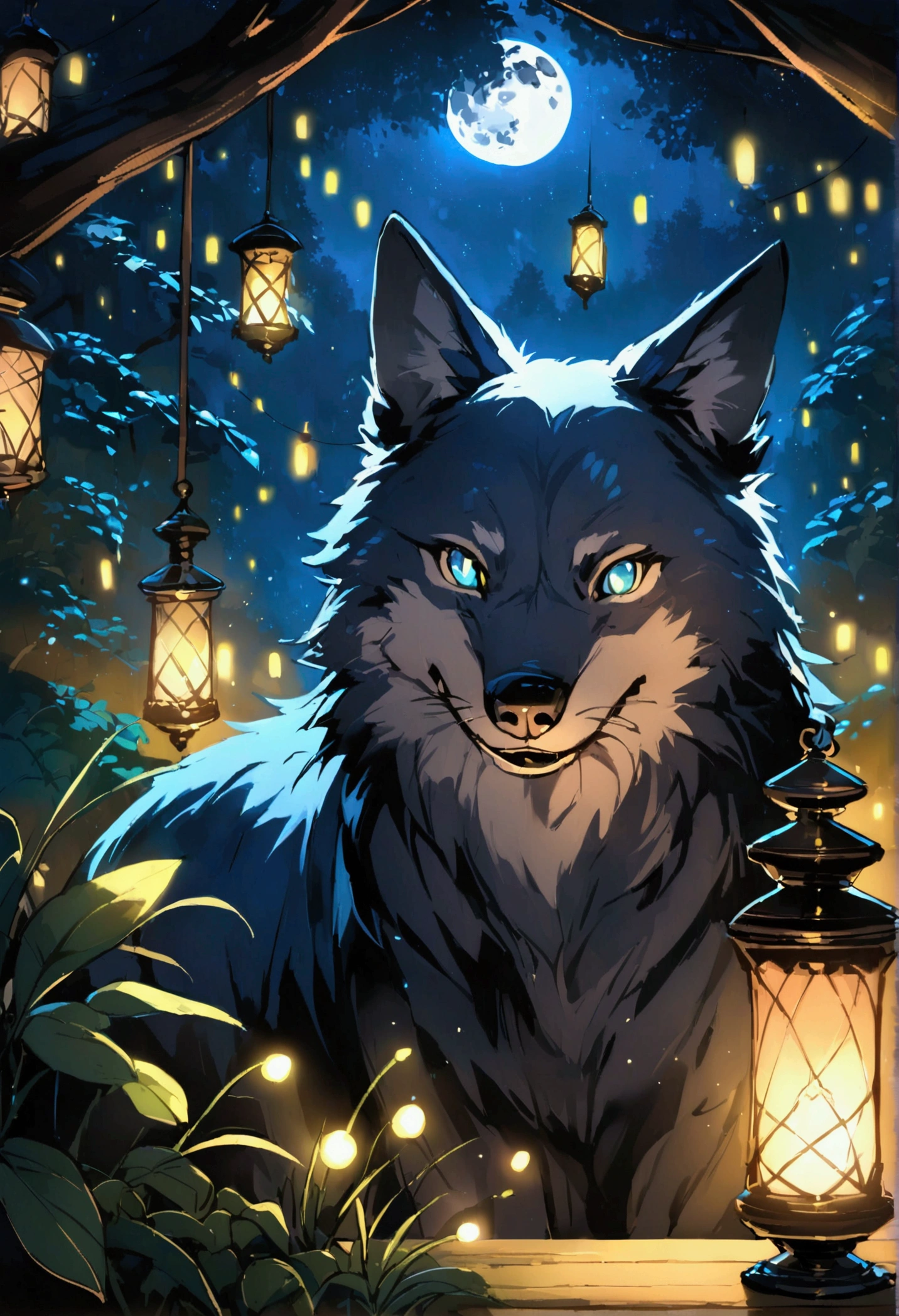 Beautiful black wolf with blue; slightly glp eyes. In the background a night landscape in nature. The moon is shining. Fireflies. Magical lights fly around. Magical night.