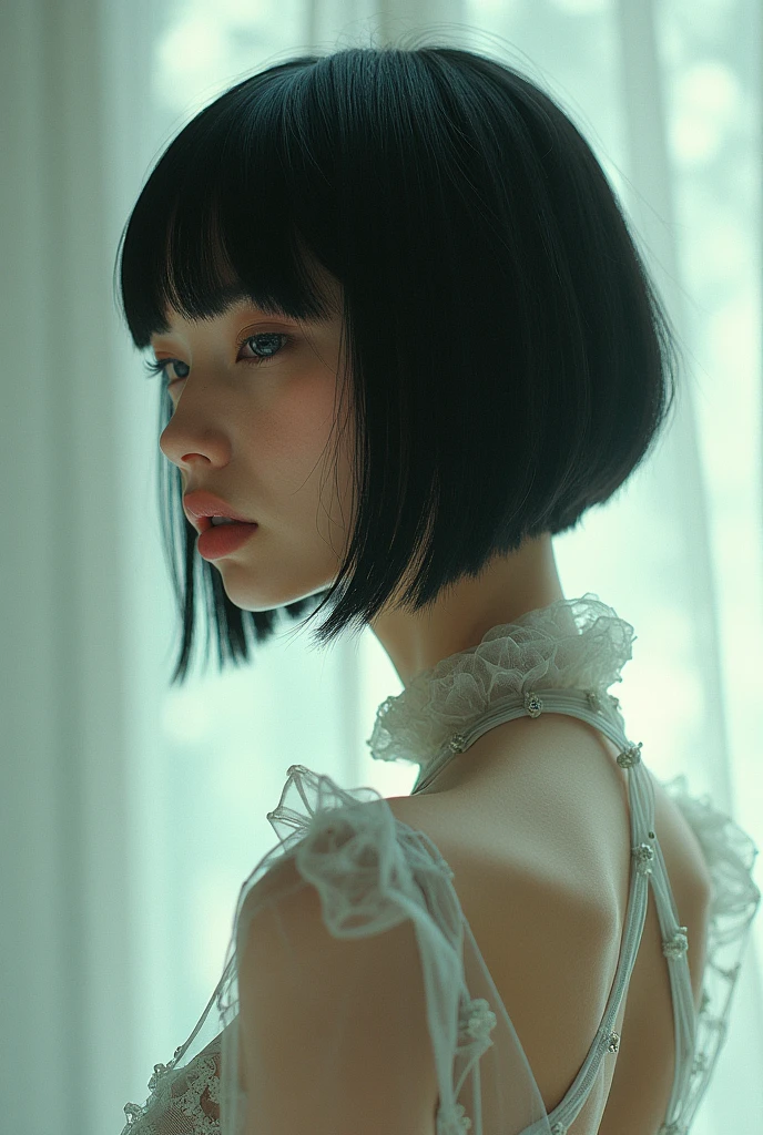 editorial photography,super detailed background,Super realistic,double exposure,depth of field,beauty super slender skinny vibes,soft focus tone,narrative scene,wabi-sabi,open lips,Super short straight hairstyle,multilayer structure,geometric Art Nouveau exoskeleton,alphonsefull-body,front photo,