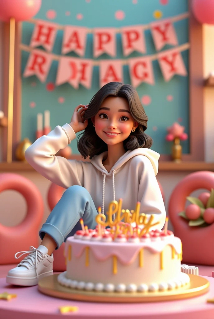 3D illystration of a woman sitting casually on front of a cake. The character must wear casual Moder clothing such as white hoodie and sneakers shoes. The background of the image is a party theme. Write 'Fahima Arohi Asha on the barthday cake. Sure the text is not misspelled. His age is 25