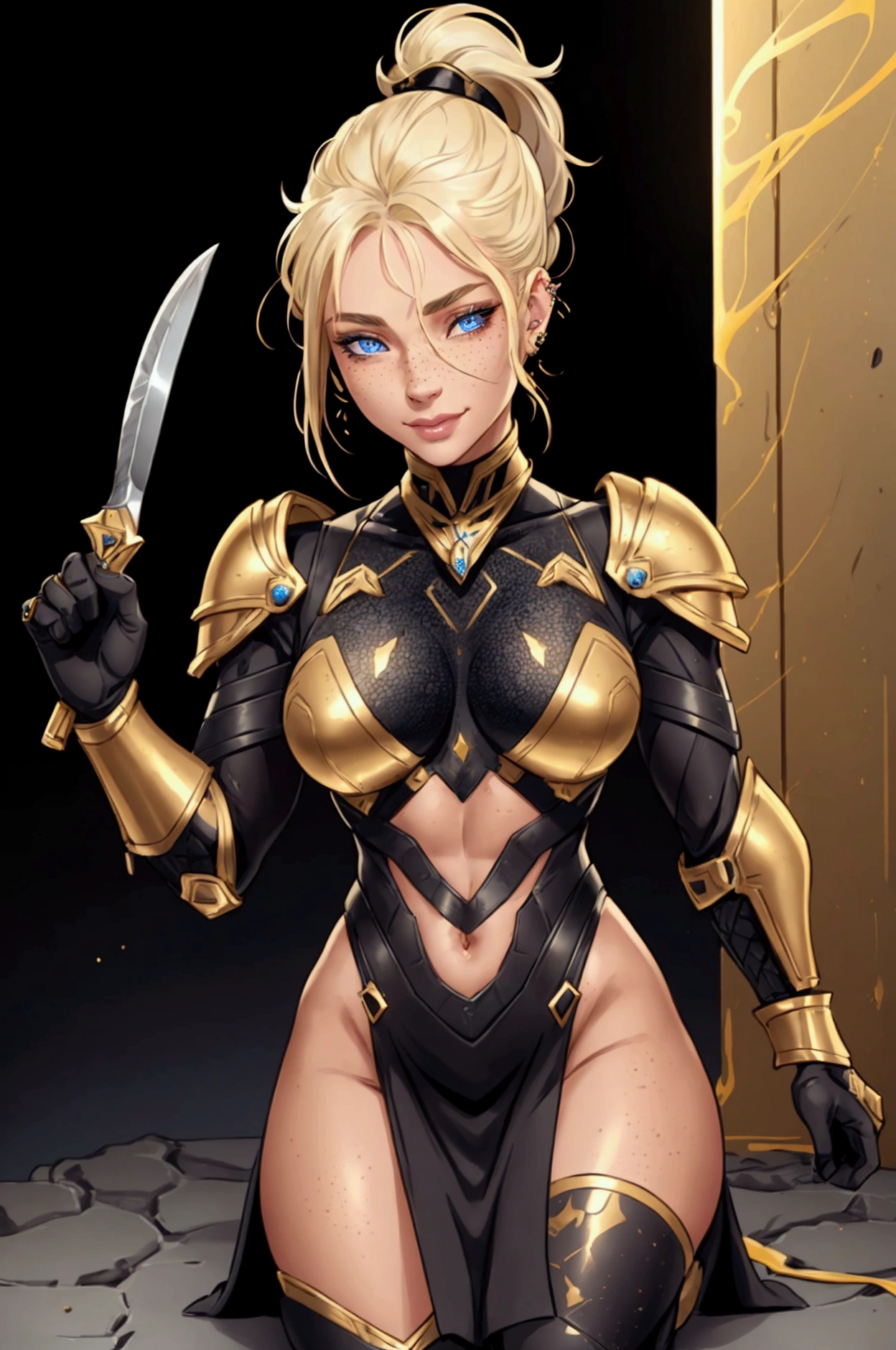 a young blonde girl in a black with gold accent medium space armor, seductive pose, beautiful detailed face, piercing beautiful detailed blue eyes, light freckles, detailed muscular body, ponytail hairstyle, no background, full body, beautiful detailed lips, light smile on face, serrated knife in her hand, light blood stain on face