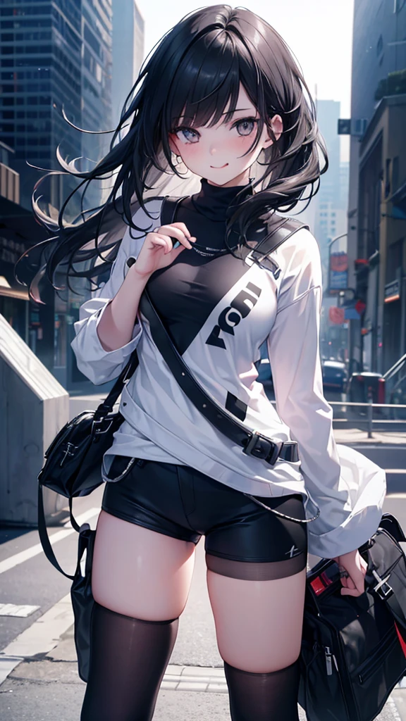 Serious teenage girl, Messy black hair, White eyes, Scar on one eye, Sunburned skin, Stylish black and white outfit, Attractive body, Dark and cold look, Detailed portrait, 8k, photograph (Highest quality) . ,4K,8k,High resolution,masterpiece:1.2),Very detailed,(Realistic,photoRealistic,photoRealistic:1.37),Vibrant colors,Sharp focus,Physically Based Rendering,Very detailedな,Professional tongue out, whole body,Thin legs,Beautiful legs,Blushing, smile, 