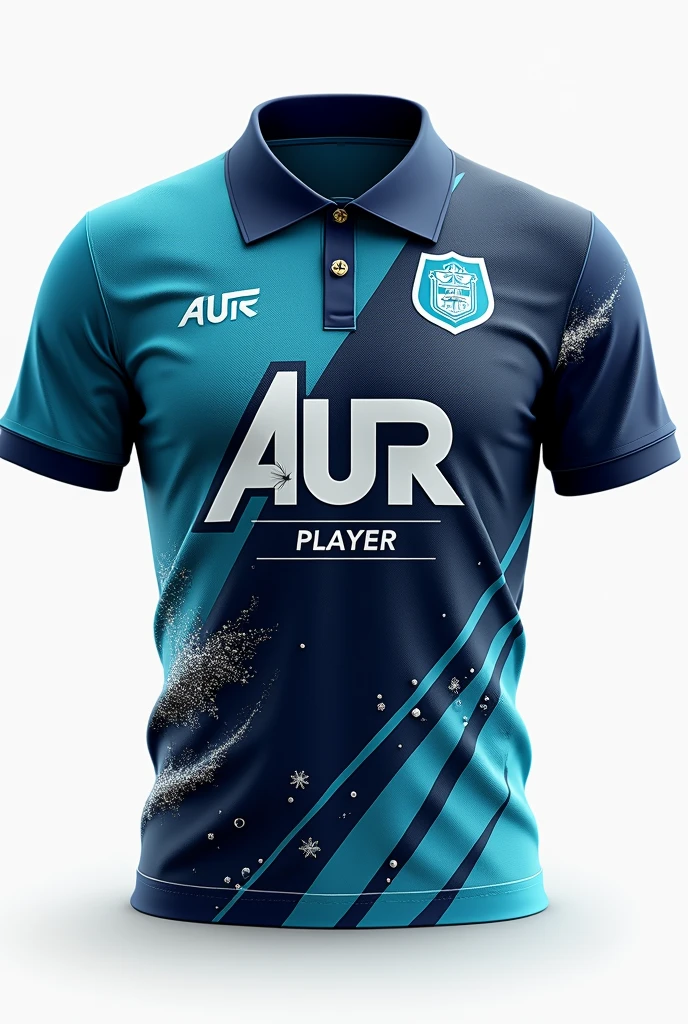 collar shirt and have a 3 button with a color dark blue (only collar). Center the big "AUR" at the front and the back side also have a "Player" at the center and the underneath have "Role". The overall theme color is blue, little bit of black, teal, little bit of white, slashes wind and have a snow flakes