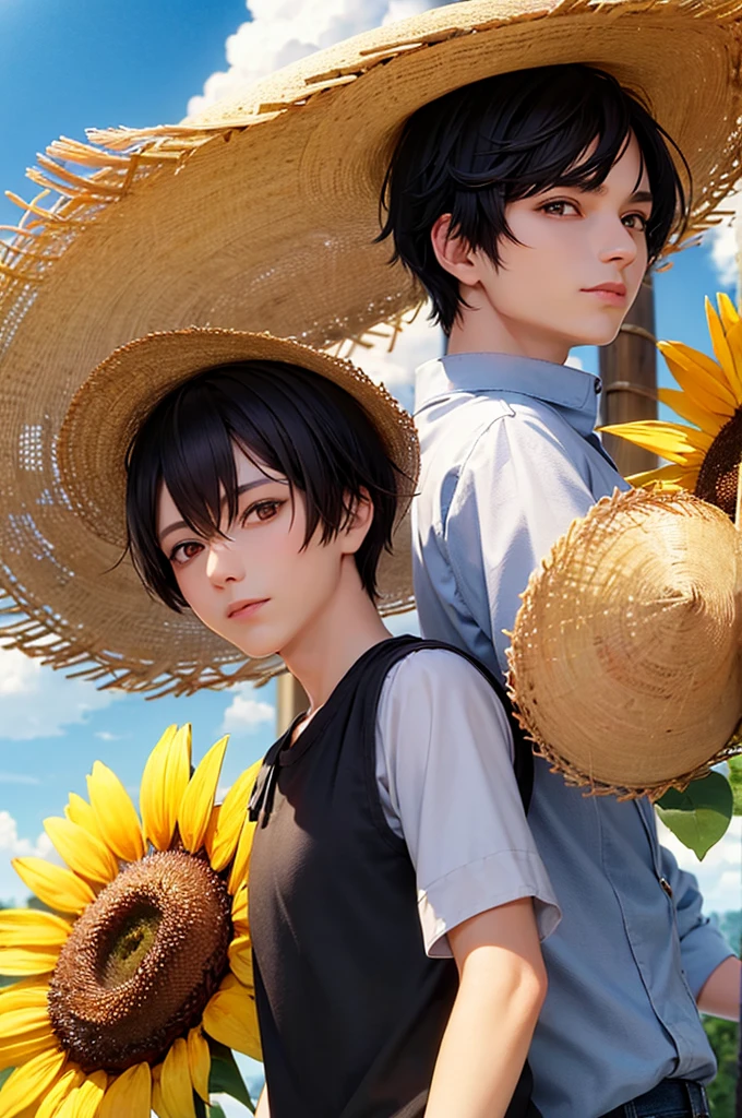 Black Hair Short Hair Golden Eyes Beautiful Boy man Straw hat shirt sunflower blue sky