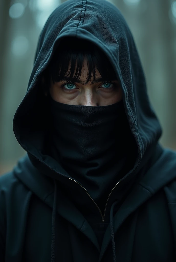 Cyan eyes,black hair, wearing black hood, bandage across his mouth
