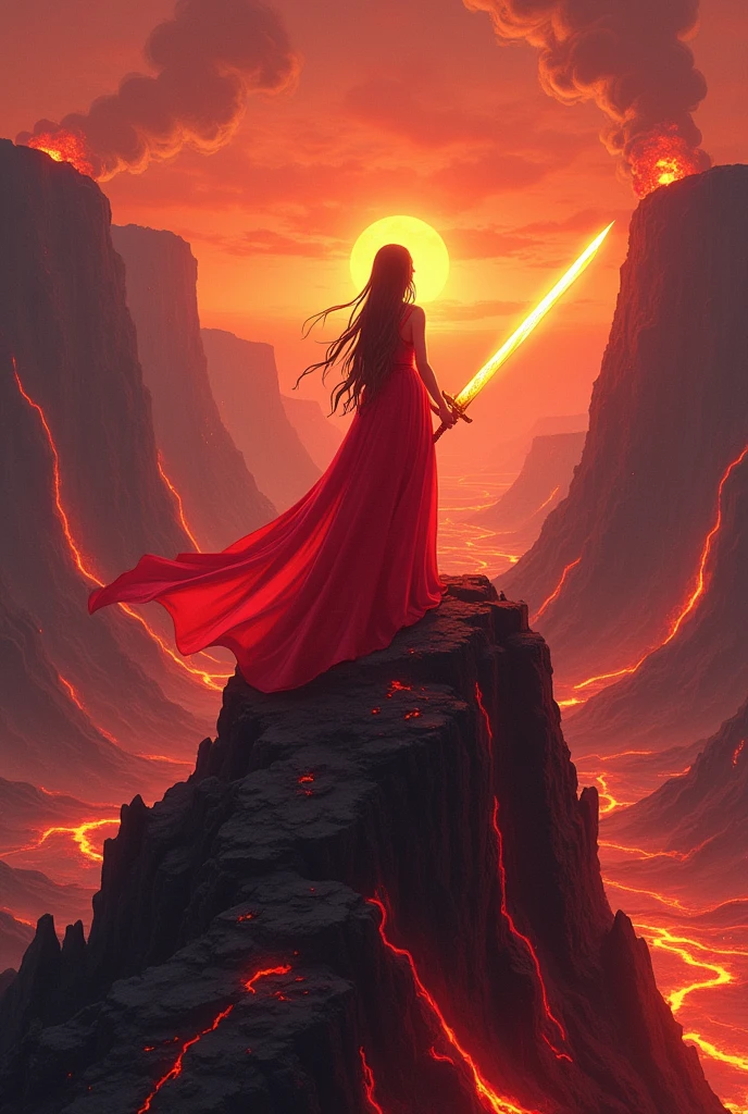 Create an anime image of a queen wearing a red lava dress holding a lava sword on top of a lava mountain with her back to the viewer and looking towards the cliff.