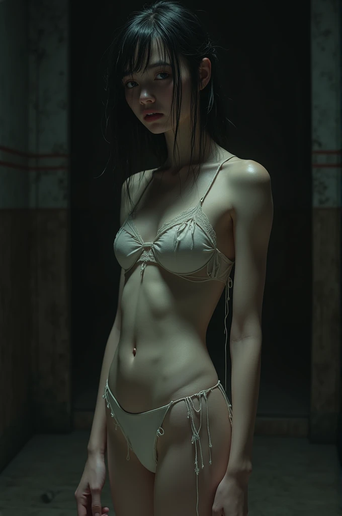  (((short-torsoed Japanese girls tied up by chain,arms up))), natural front lighting, ultra sharp focus, braided twin hair, large eyes with long eyelashes and double eyelids, dynamic angle,red lip,smile, (huge breasts), (full body shot:2),  (slender waist),(thin long legs), wearing sexy swimwear