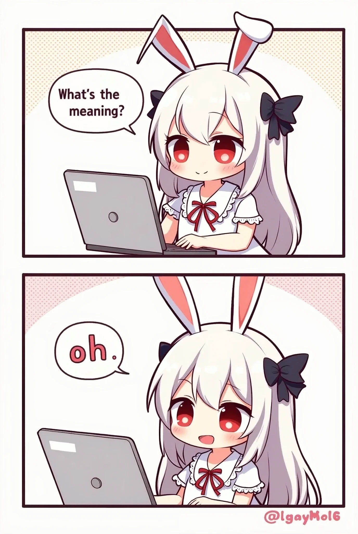 (2comic panels,dot halftone, flat color,), quality\(masterpiece, best quality,8k,wallpaper of extremely detailed CG unit,hight resolution,top-quality,top-quality real texture skin,hyper realisitic,increase the resolution,RAW photos,best qualtiy,highly detailed,the wallpaper\), 1girl\(2.5D,cute,kawaii,small kid,white hair:1.4,(long hair),(rabbit ear),white long dress with frill,red eyes,big eyes,beautiful shining eyes,skin color white,big black hairbow,watching internet,(smiling and says "Adorable! What's the this meaning? oh..." with face blushed:1.3)\)