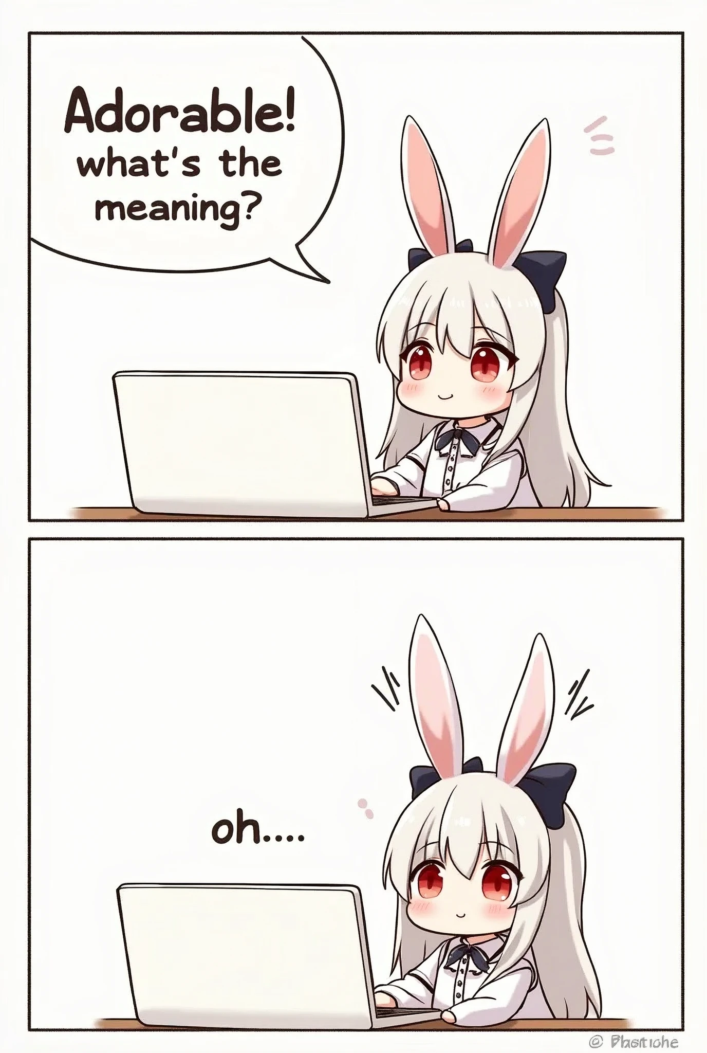 (2comic panels,dot halftone, flat color,), quality\(masterpiece, best quality,8k,wallpaper of extremely detailed CG unit,hight resolution,top-quality,top-quality real texture skin,hyper realisitic,increase the resolution,RAW photos,best qualtiy,highly detailed,the wallpaper\), 1girl\(2.5D,cute,kawaii,small kid,white hair:1.4,(long hair),(rabbit ear),white long dress with frill,red eyes,big eyes,beautiful shining eyes,skin color white,big black hairbow,watching internet,(smiling and says "Adorable! What's the meaning?" "oh..." with face blushed:1.3)\)