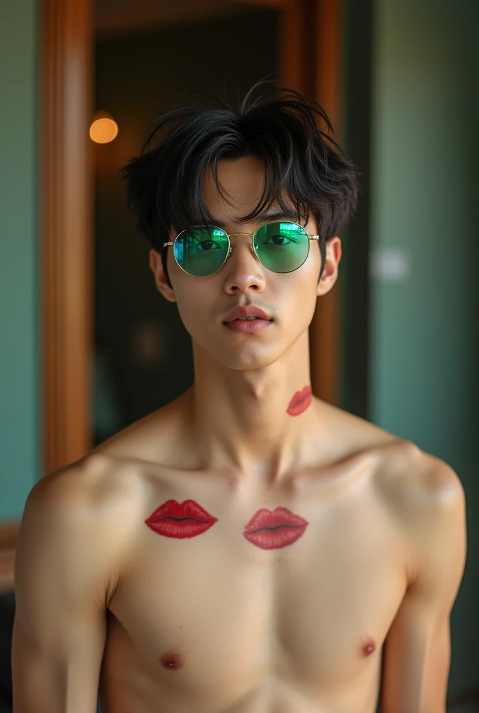 A handsome 20 year old Korean man with messy hair wearing shiny green-blue glasses that are anti-UV radiation without a shirt and shorts, there are several pictures of reddish brown lips on his neck, under his head, in the background of an elegant room.