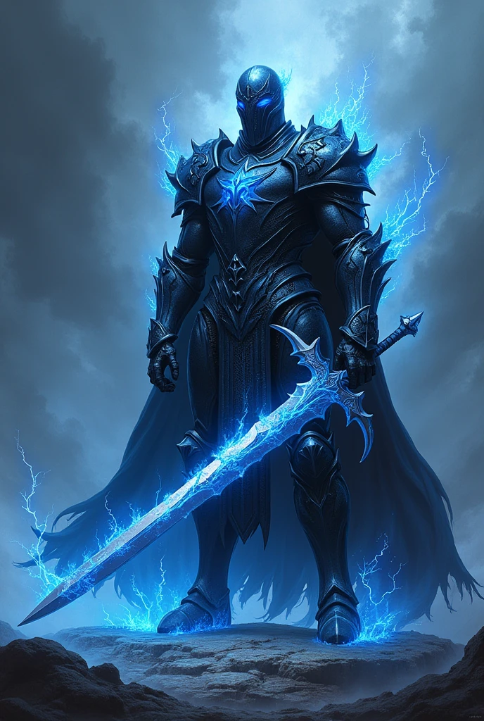 Create a knight wearing full black armor with blue accents emanating from it {lots of rays} looking like a storm god and holding a giant two-handed sword 