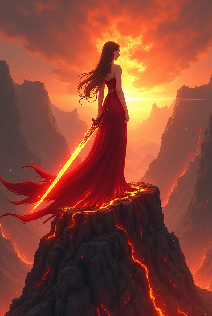 Create an anime image of a queen wearing a red lava dress holding a lava sword on top of a lava mountain with her back to the viewer and looking towards the cliff.