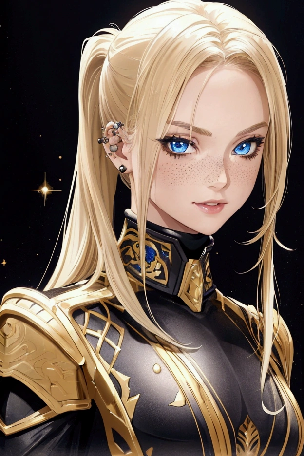 a young blonde girl in a black with gold accent medium space armor, seductive pose, beautiful detailed face, piercing beautiful detailed blue eyes, light freckles, detailed muscular body, ponytail hairstyle, no background, full body, beautiful detailed lips, light smile on face, serrated knife in her hand, light blood stain on face
