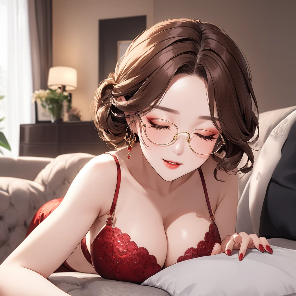 In the luxurious living room、A mature housewife with a bob hairstyle and golden, caramel brown hair、Wearing square clear glasses、She is having sex with a man while lying on the sofa。She is wearing red silk underwear.、Her bra is showing。The size of the boobs is C cup。Her expression is seductive、I close my eyes and enjoy the pleasure。The man's hands were around her waist、Her body swayed softly in time with his movements.。Her legs wrapped around his waist、Your body sways up and down in time with his movements.。Her lips are half open、Heavy breathing、whispering his name。In the background, a luxurious interior spreads、It creates a romantic atmosphere