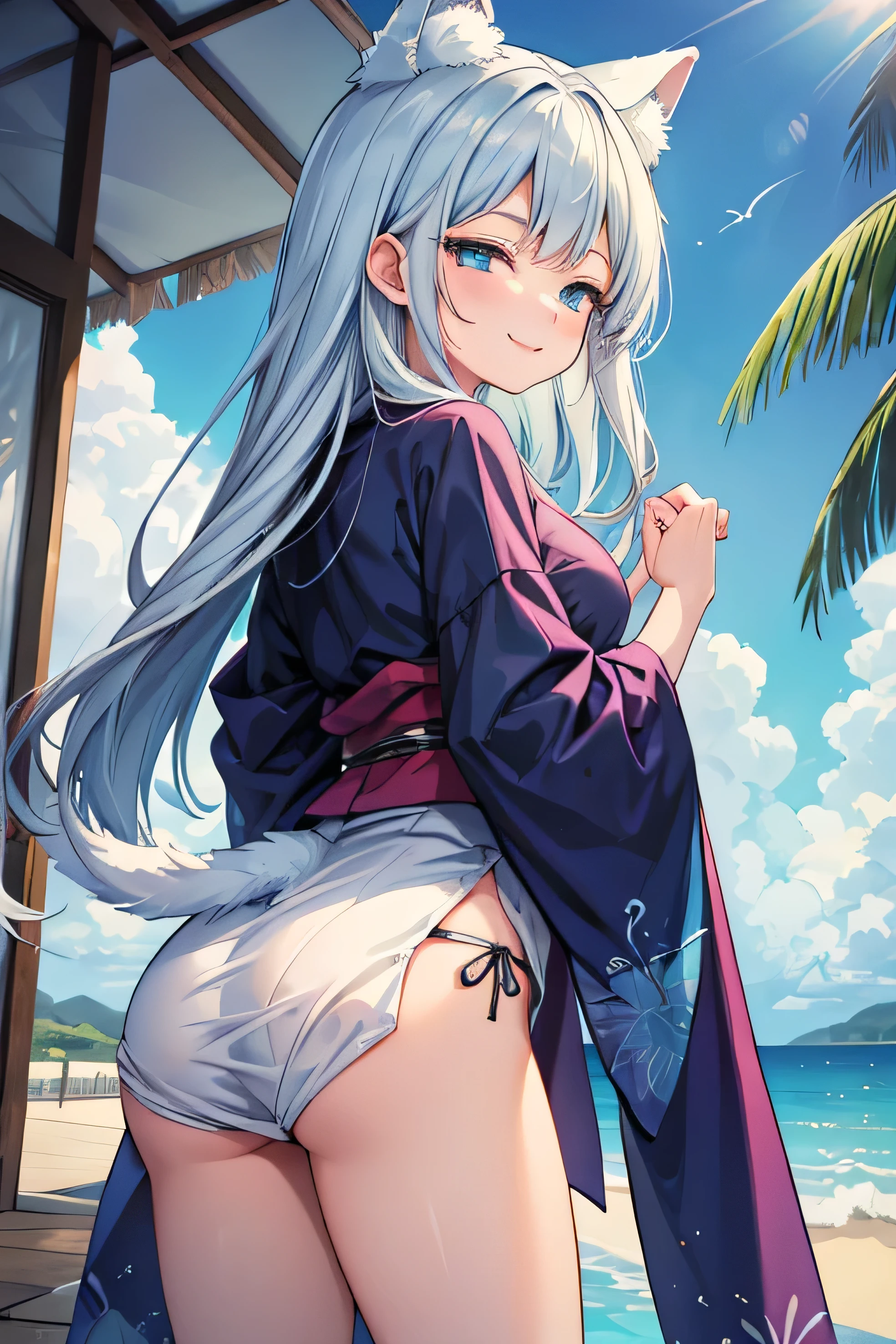 (masterpiece,best quality,ultra-detailed), an anime lady who is at 23 years old, gentle and kind, young yet mature, beautiful, caring, dearing, loving, forgiving, protective, motherly onee-chan. She has ice white side-swiped bangs, ocean blue oval eyes, arctic fox ears and tail, wearing stylish off-shouder kimono, standing in a rear, butt focus, face turning and smiling at viewer in a nurturing expression