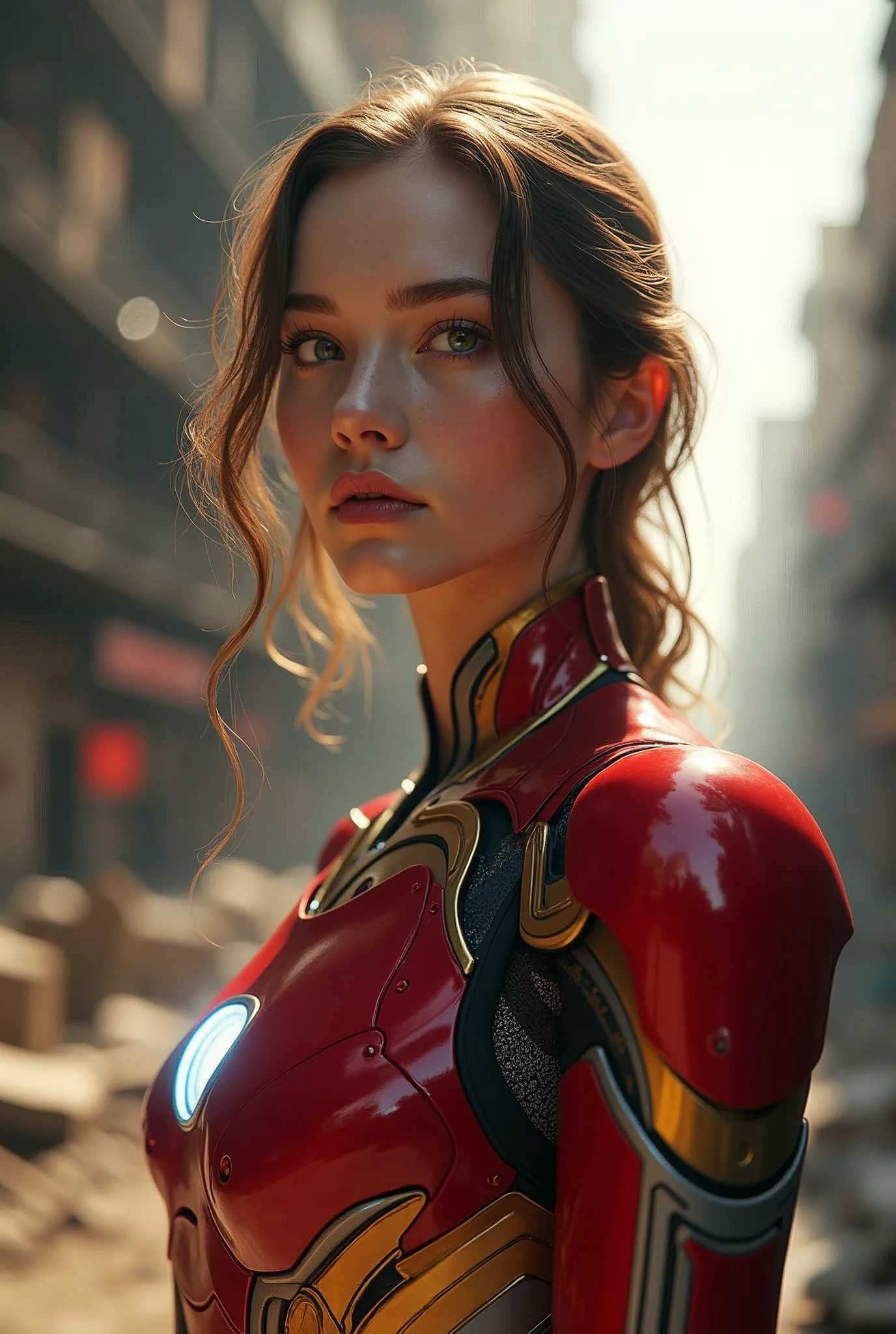 (1 girl:1.3), Alone,__body parts__, official art, unity wallpaper 8k, ultra detailed, beautiful and aesthetic, beautiful, masterpiece, Best Quality, raw, masterpiece, super fine photo,, Best Quality, super high resolution, photorealistic, sunlight, full body portrait, stunningly beautiful,, dynamic pose, delicate face, vibrant eyes, (side view), she carries a futuristic Iron Man robot., red and gold, Highly detailed abandoned warehouse background, detailed face, detailed complex busy background, disordered, gorgeous, milky, very detailed skin, realistic skin details, visible pores, sharp focus, volumetric fog, 8k hd, digital slr camera, high quality, film grain, White skin, photorealism, lomography, Expanding metropolis in a futuristic dystopia, view from below, translucent, visible private parts