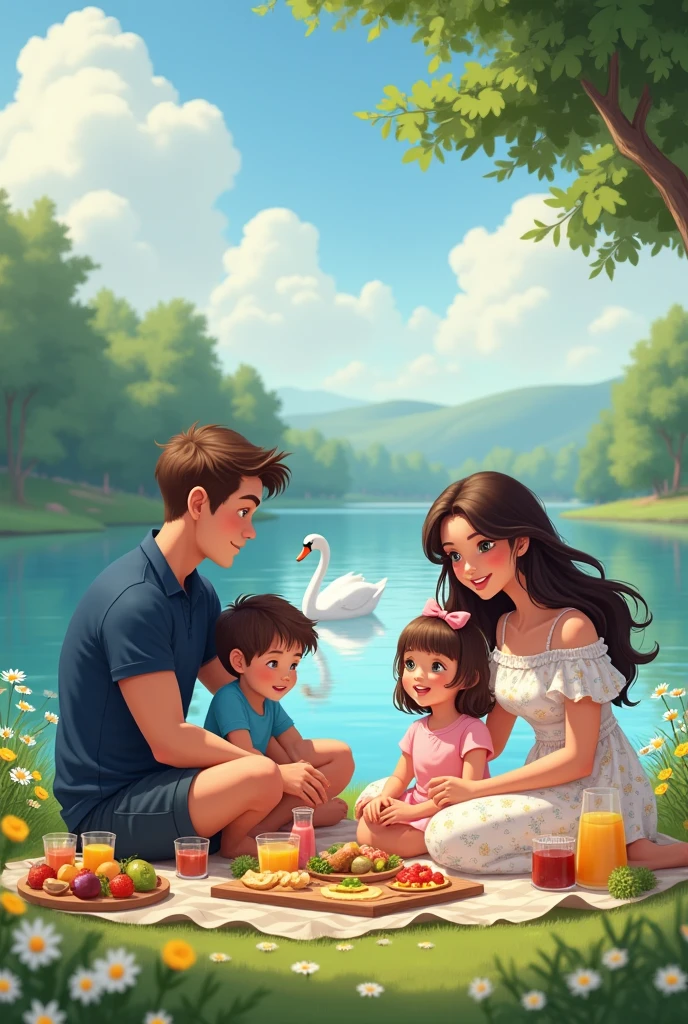 A family of four enjoys a cheerful picnic by a serene lake. The man, with light blue eyes, brown hair, and muscular arms, wears a dark blue polo shirt, smiling contentedly. Beside him, the woman, with long dark brown wavy hair and brown eyes, is dressed in a white dress with a floral print and puff sleeves. Their son, in a blue t-shirt, and their daughter, in a pink frock with shoulder-length hair and a pink bow band, sit happily nearby. A spread of foods, fruits, and juices is laid out around them. They all smile as a swan glides gracefully across the lake, enhancing the peaceful scene.