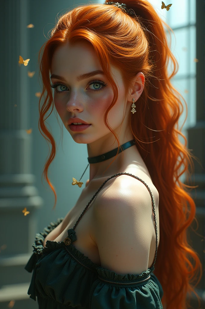 (solo, full body photo:1.3), (action packed:1.3), (haze, fog, mist:1.3), chiaroscuro, best quality, photorealistic, 1woman, (cute), (24yo:1.2), redhead, long ginger hair highly detailed, 1700'S, digital photography, art by artgerm and ruan jia and greg rutkowski surreal painting gold butterfly filigree, broken glass, (masterpiece, sidelighting, finely detailed Fashionable eyes: 1.2) (perfect oval large eyes that gazes at the viewer), beautiful detailed face, blue gorgeous perfect eyes, (blonde hair ponytail), (attractive young woman:1.3), (thick amazing hair), (seductive:1.1), (blushing:1.1)
