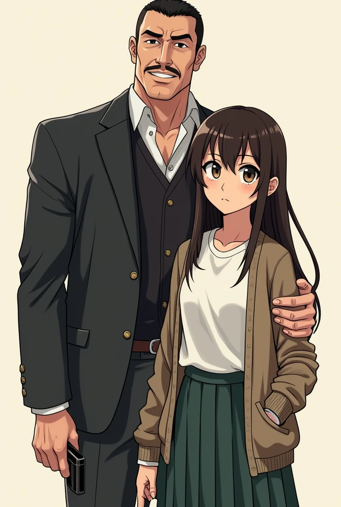 handsome yakuza man with a cute girl ((wearing a skirt and tshirt , and sweater))