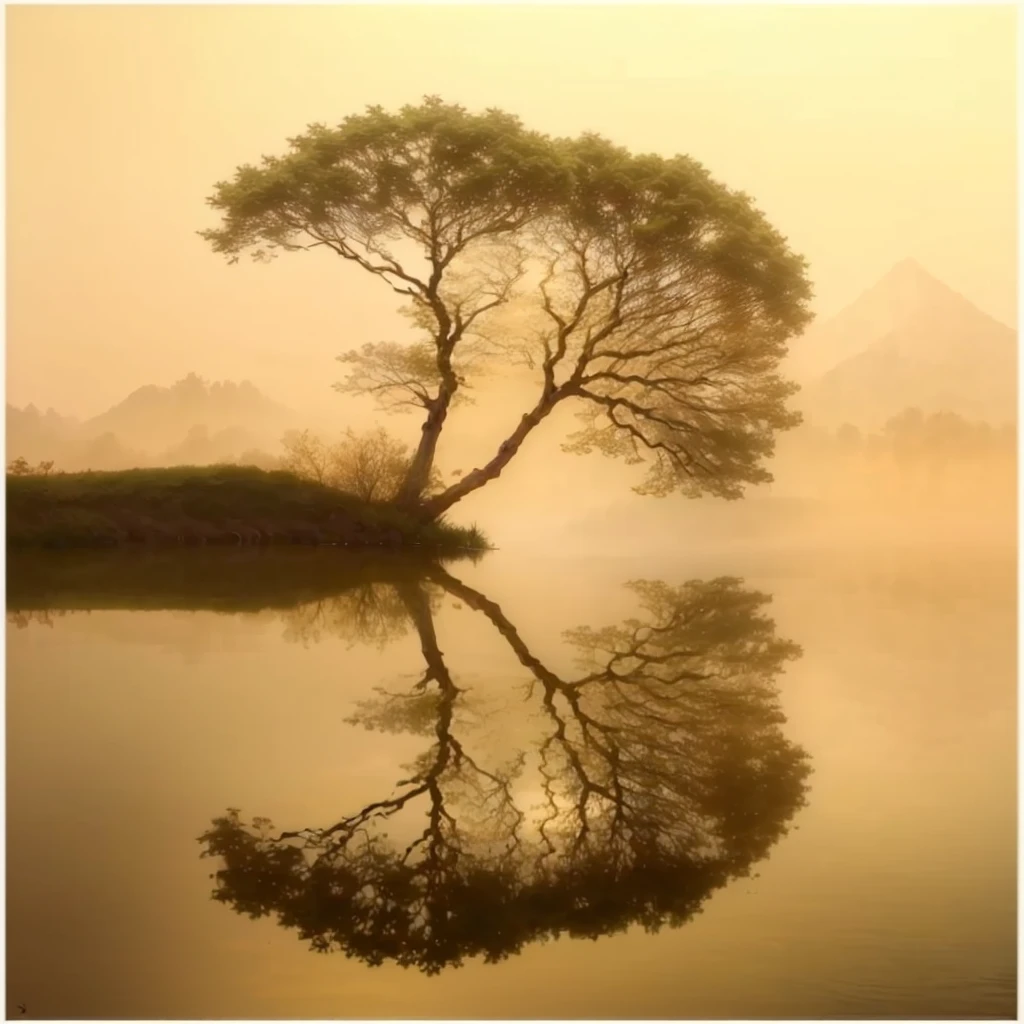 arafed tree in the middle of a lake with a reflection in the water, beautiful reflexions, Golden Mist, Extremely beautiful and ethereal, by Xie Shichen, soft reflections, reflection on the water, Yellow Fog, the most beautiful image ever seen, beautiful reflections, reflections, reflection, Amazing composition, reflection in water, In the peaceful scenery, author：Cold plum