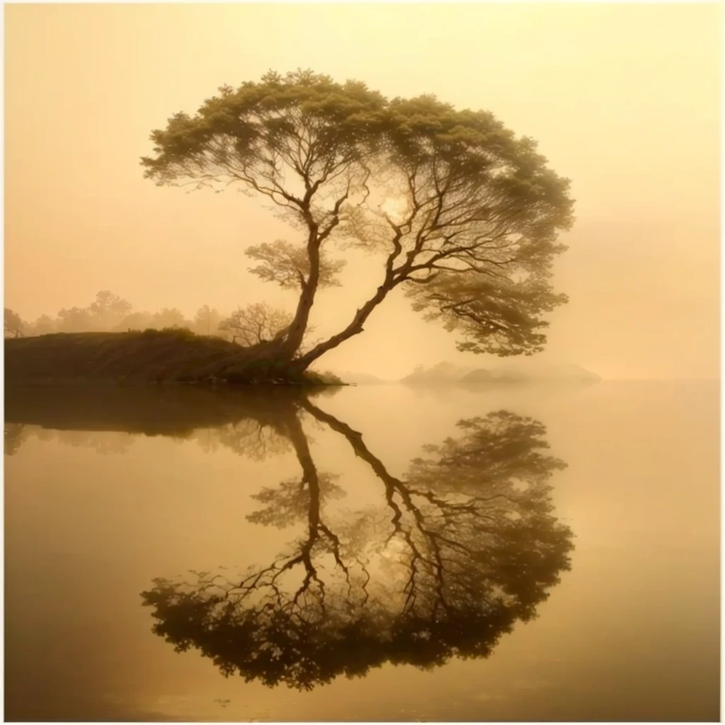 arafed tree in the middle of a lake with a reflection in the water, beautiful reflexions, Golden Mist, Extremely beautiful and ethereal, by Xie Shichen, soft reflections, reflection on the water, Yellow Fog, the most beautiful image ever seen, beautiful reflections, reflections, reflection, Amazing composition, reflection in water, In the peaceful scenery, author:Cold plum