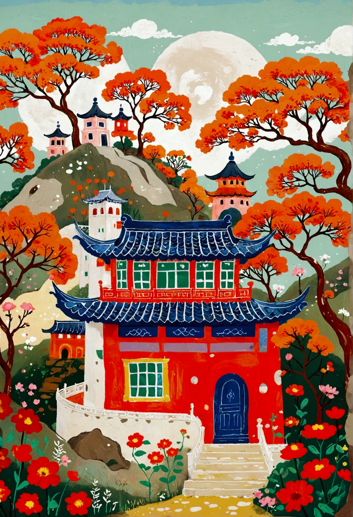 there is a poster existith a red tree and a building on a hill, inspired by Huang Gongexistang, 受arrive董其昌的启发, inspired by Gao Xiang, chinese existatercolor style, by Gao Xiang, Inspired by Xiao Yuncong, Chinese painting style, author:Xia Gui, Inspired by Gao Qipei, artexistork in the style of z.exist. arrive