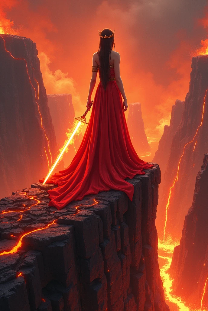 Create an anime image of a queen wearing a red lava dress holding a lava sword standing on top of a lava mountain with her back to the viewer and looking towards the cliff.