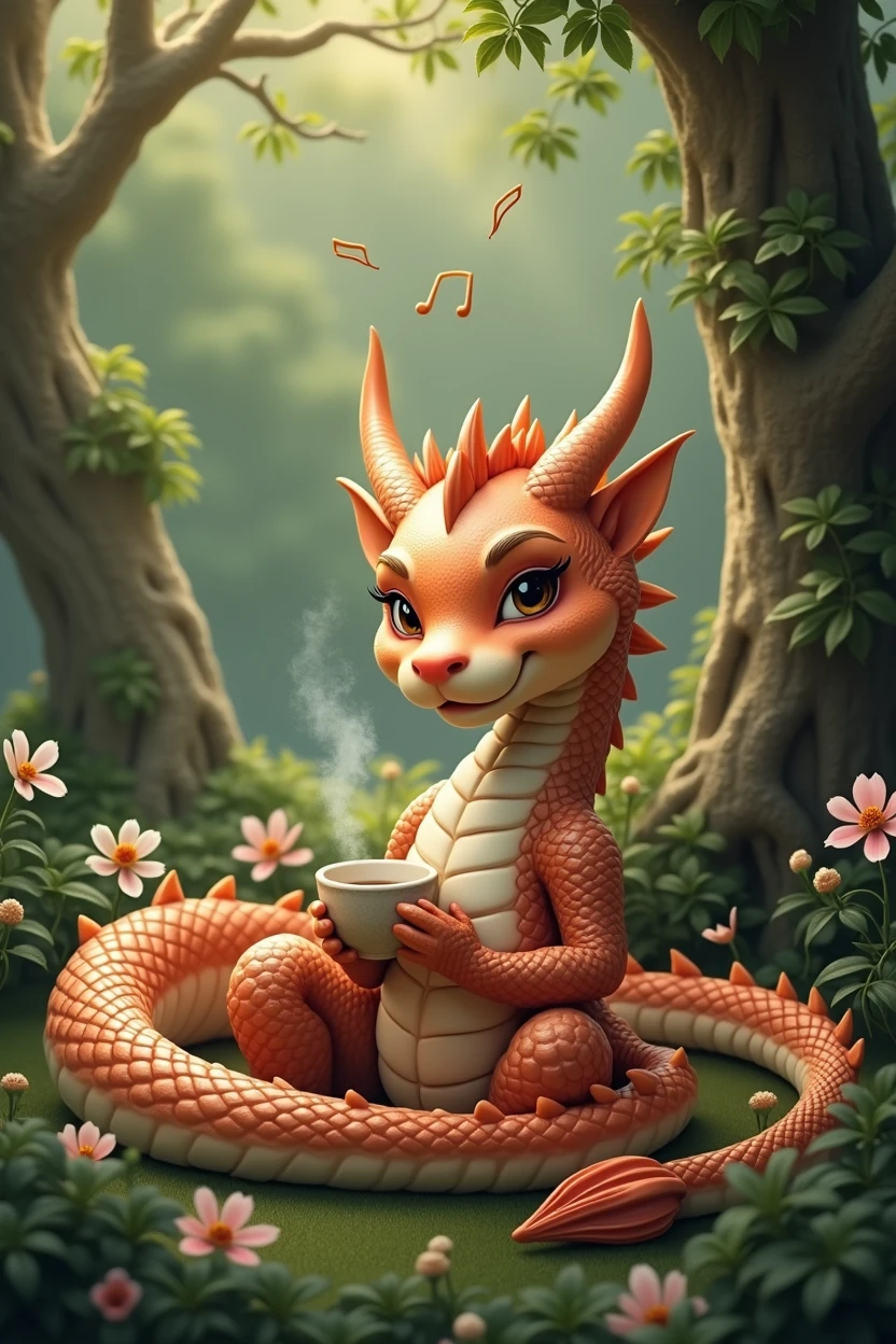 Chinese style brown dragon,Background garden,Trees,dragon holding coffee,Relaxed expression,like a lady,Flowers in the background,Background with musical notes
