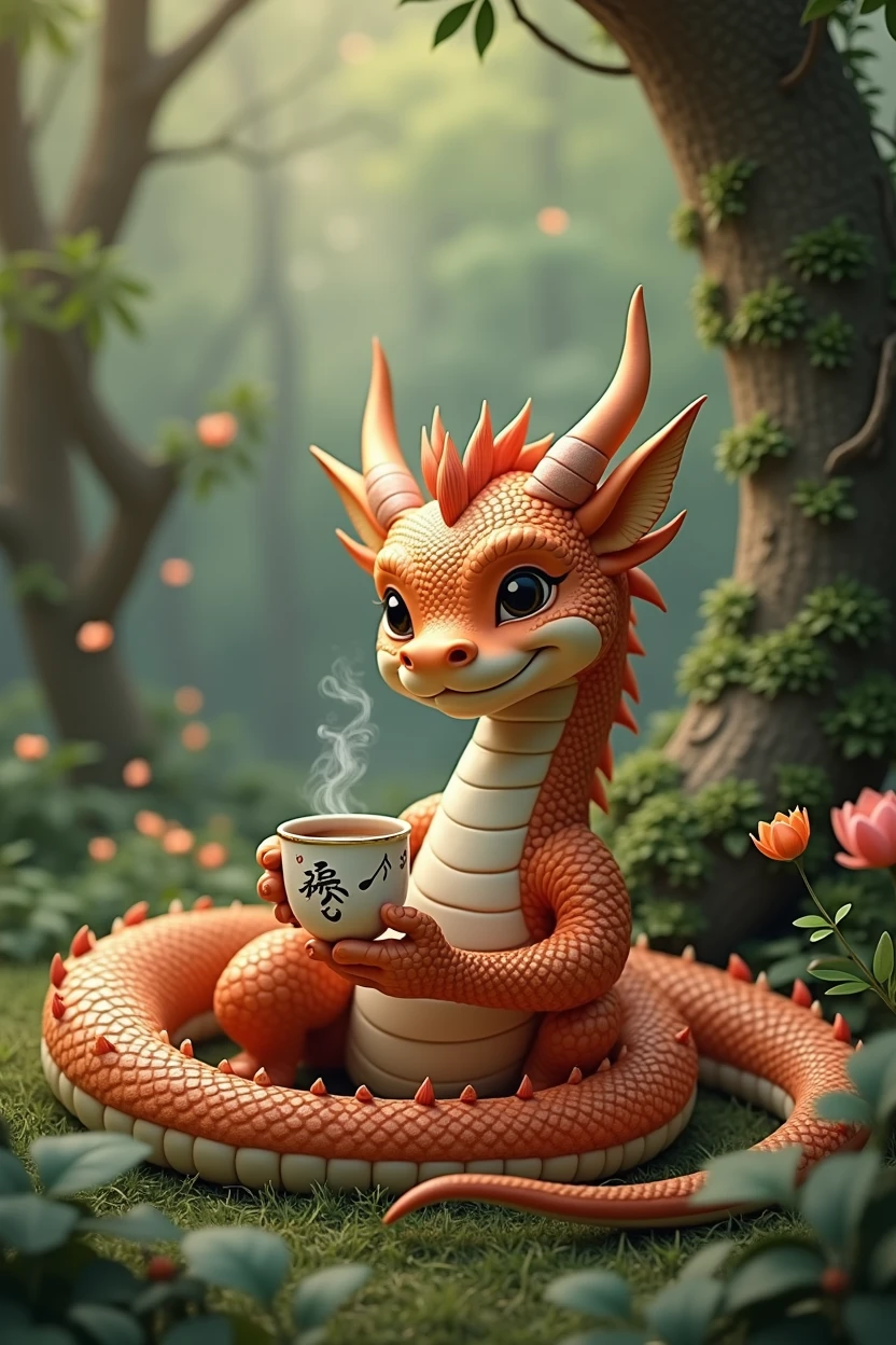 Chinese style brown dragon,Background garden,Trees,dragon holding coffee,Relaxed expression,like a lady,Flowers in the background,Background with musical notes