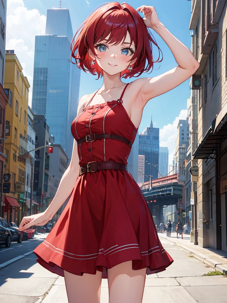 (masterpiece, best quality:1.2), kallen stadtfeld, blue eyes, red hair, short hair, sundress, cowboy shot, dynamic angle, solo, 1girl, smile, blushing, looking at viewer, city street, daylight, dynamic pose,armpits