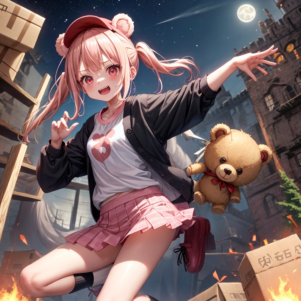 Pink Blonde、Red eyes、Hair tied up、One cute girl、solo、Checked mini skirt、black t-shirts、one piece、cardigan、Knee-high socks、bear ears baseball cap、Burning Full Moon、The tree is dead、Electric spectaculars、Cardboard boxes are piled up、Teeth are visible、Monster Castle、Tilting face、Starry Sky、A teddy bear is jumping