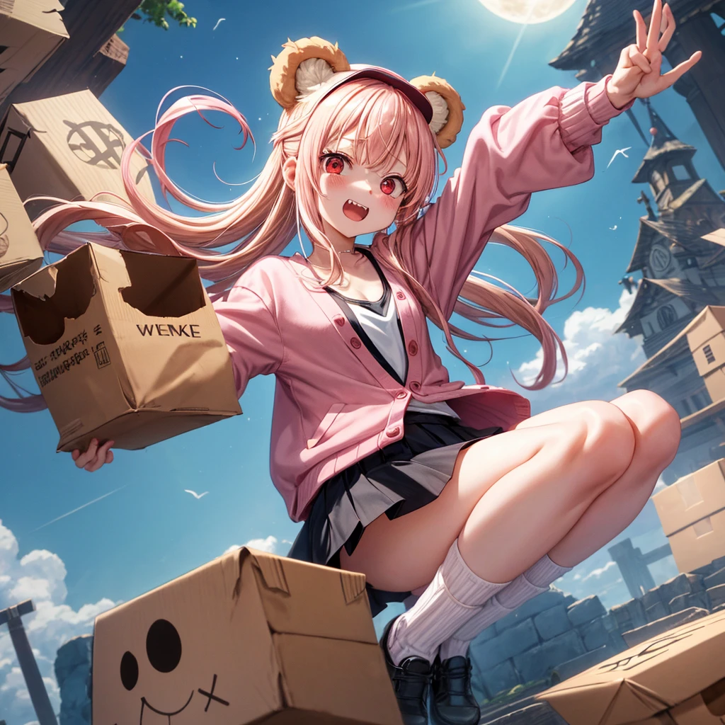 Pink Blonde、Red eyes、Hair tied up、One cute girl、solo、Checked mini skirt、black t-shirts、one piece、cardigan、Knee-high socks、bear ears baseball cap、Burning Full Moon、The tree is dead、Electric spectaculars、Cardboard boxes are piled up、Teeth are visible、Monster Castle、Tilting face、Starry Sky、A teddy bear is jumping