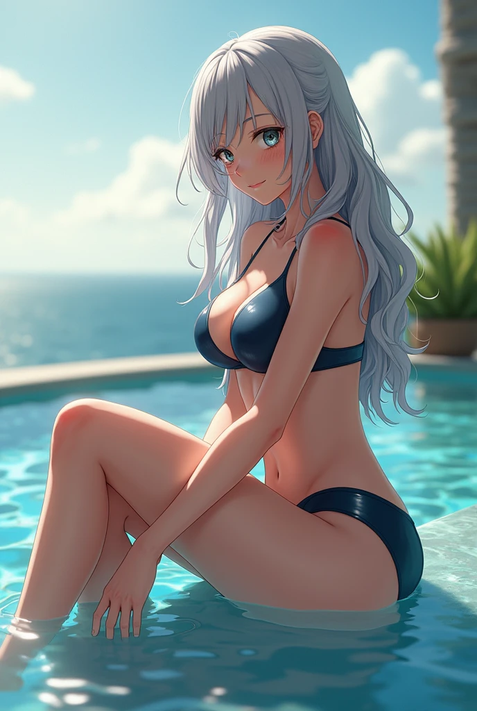 (((peeing, cum in pussy))) girl in luxury space resort hotel, highly detailed landscape, Nice views, spread legs, full body, (((legs up over head))), sit, laughter,Other than NSWF,artoria,((silver hair)),wavy hair,A masterpiece of the highest quality, 1 girl, alone, looking at the viewer, belly button, blush , towards the audience, (big valley), (((massive saggy breasts))), at the hotel, sexly, glamorous, wet body, (((cameltoe))),((Shiny swimwear with reflective light)),dark blue school swimwear, clear skin, (((cum in anal))), ass hole,