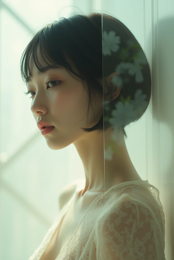 editorial photography,super detailed background,Super realistic,double exposure,depth of field,beauty skinny vibes,soft focus tone,front photo,narrative scene,wabi-sabi,open lips,Super short straight hairstyle,multilayer structure,geometric Art Nouveau exoskeleton,alphonsefull-body,