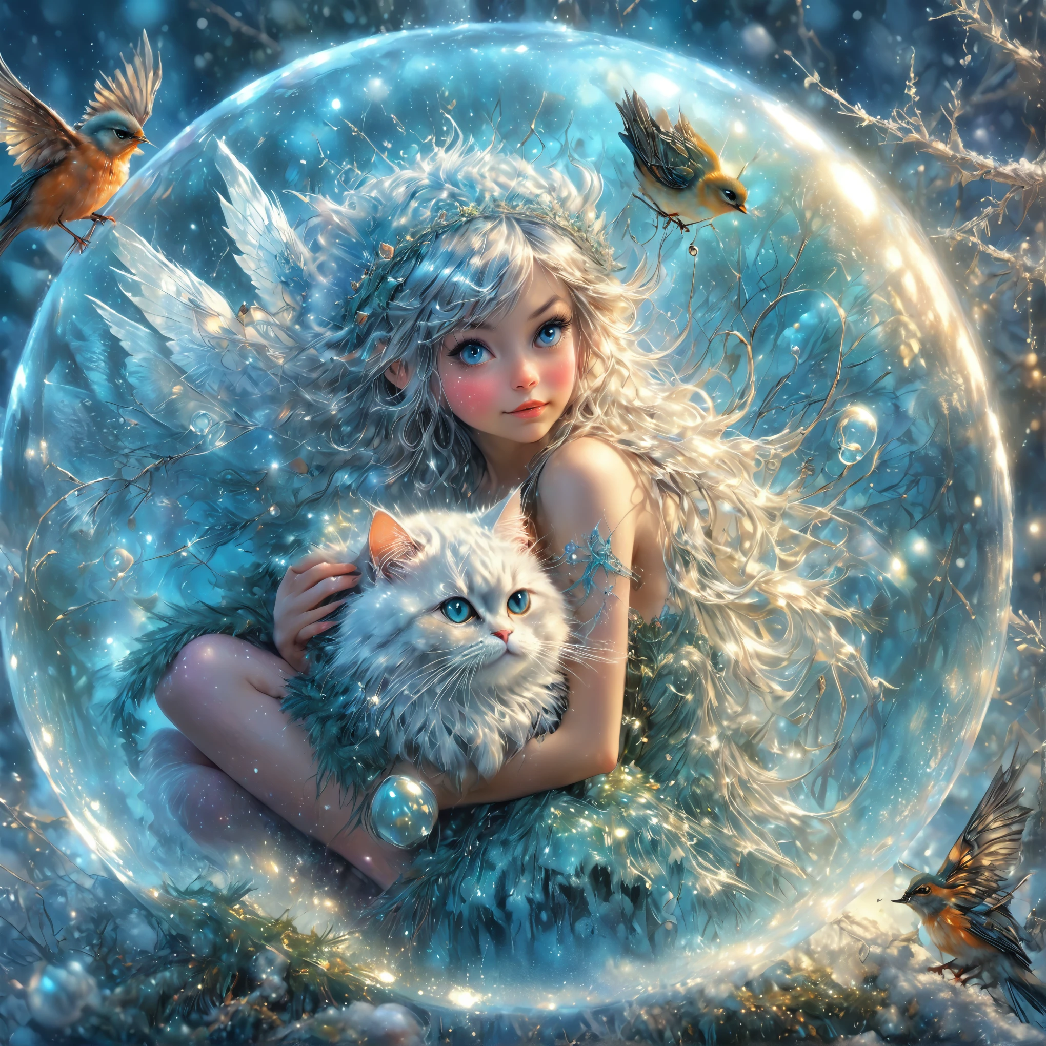 beautiful fairy trapped in a magical hairy frost ice bubble with a fluffy cat and bird, comic realism art style oils,