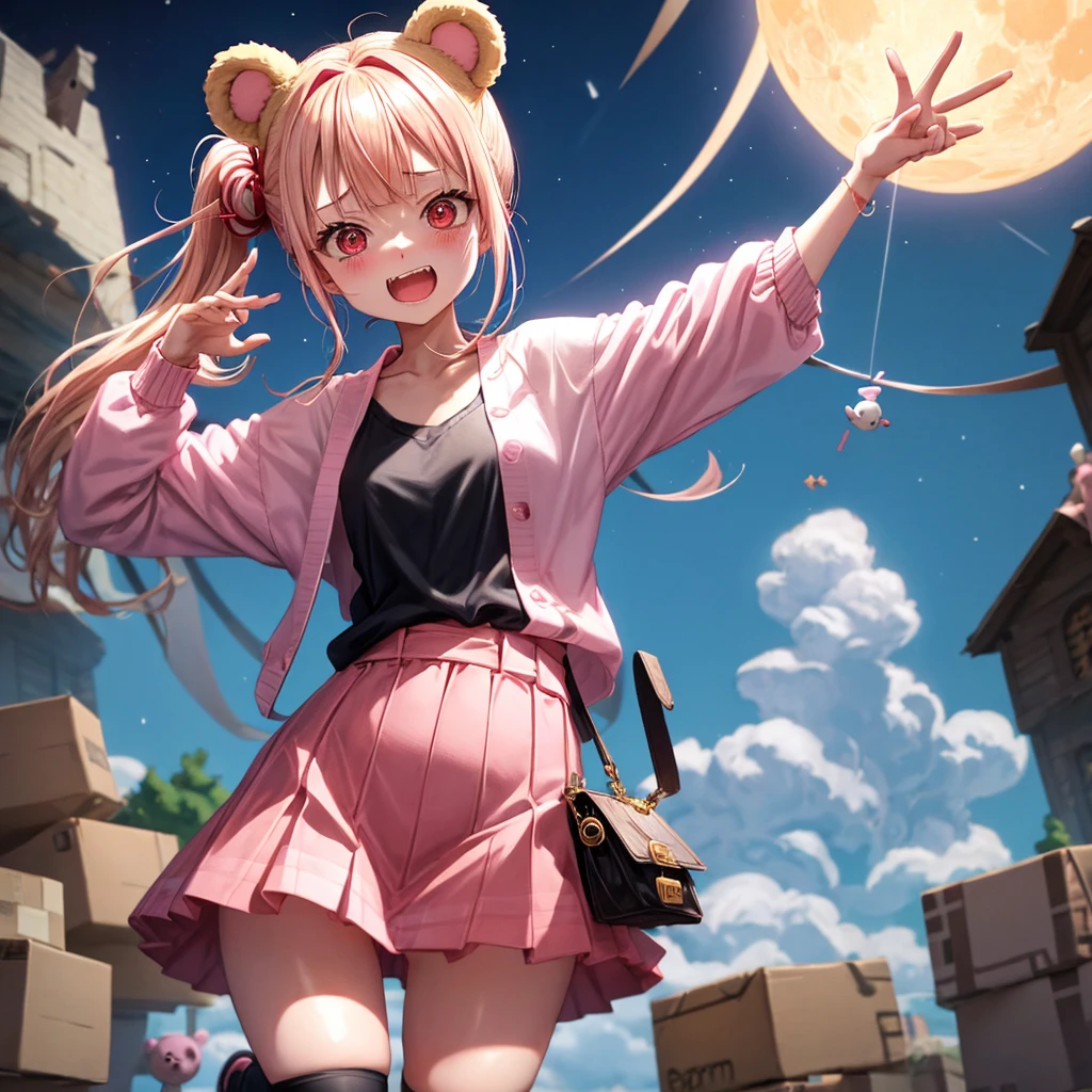Pink Blonde、Red eyes、Hair tied up、One cute girl、solo、Checked mini skirt、black t-shirts、one piece、cardigan、Knee-high socks、bear ears baseball cap、Burning Full Moon、The tree is dead、Electric spectaculars、Cardboard boxes are piled up、Teeth are visible、Monster Castle、Tilting face、Starry Sky、A teddy bear is jumping