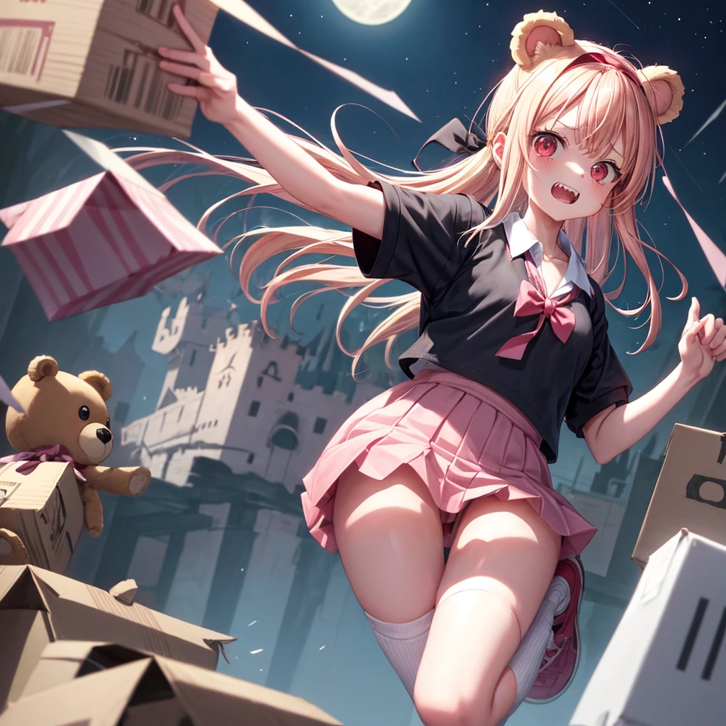 Pink Blonde、Red eyes、Hair tied up、One cute girl、solo、Checked mini skirt、black t-shirts、one piece、cardigan、Knee-high socks、bear ears baseball cap、Burning Full Moon、The tree is dead、Electric spectaculars、Cardboard boxes are piled up、Teeth are visible、Monster Castle、Tilting face、Starry Sky、A teddy bear is jumping
